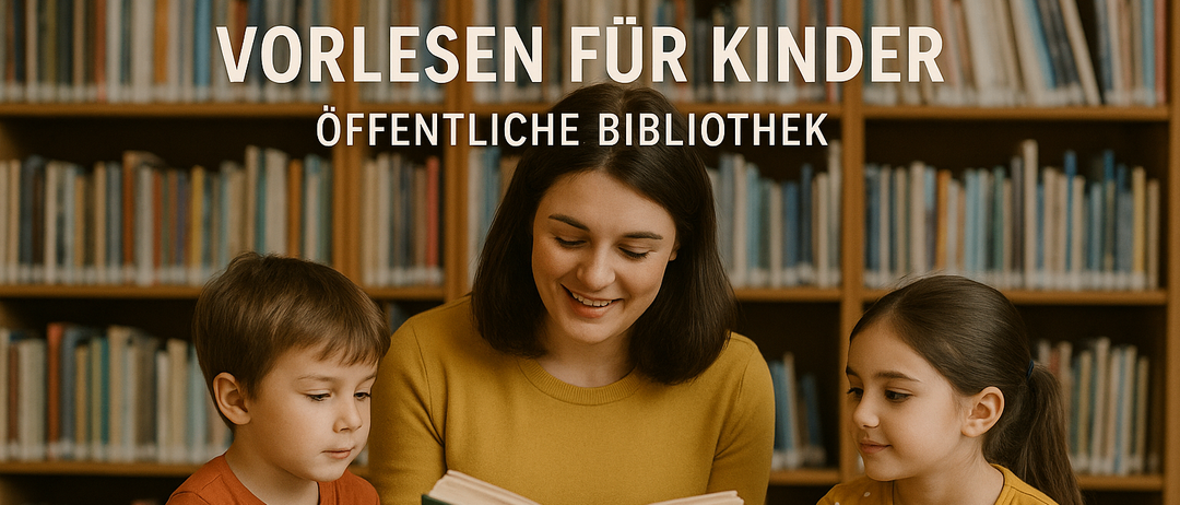 Eine Frau liest zwei Kindern, die neben ihr sitzen, in einer Bibliothek vor.