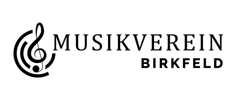 Logo für Musikverein Birkfeld mit einem Violinschlüssel und fetter schwarzer Schrift.