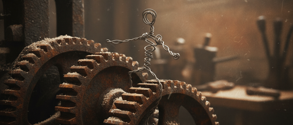 Eine kleine Figur aus Draht steht auf zwei großen rostigen Zahnrädern. Der Hintergrund ist ein schwach beleuchteter Werkstattraum mit einem Fenster hinter der Figur.