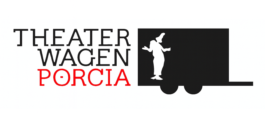 Das Theater Wagen Porcia Logo zeigt eine Silhouette eines Darstellers vor einem Wagen. Die Worte 'Theater Wagen Porcia' sind in großen, fetten Buchstaben geschrieben.