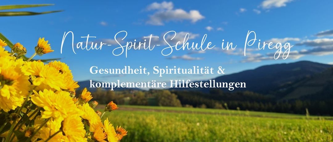 Ein ruhiges Feld mit gelben Blumen im Vordergrund, blauer Himmel mit Wolken darüber und Bergen in der Ferne. Der Text lautet 'nur-Spirit-Schule in Gesundheit, Spiritualität & komplementäre Hilfsstellungen'.