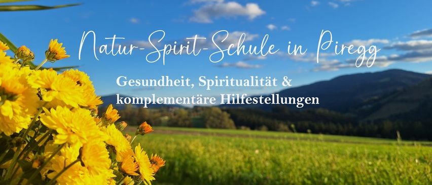 Ein Poster, das eine spirituelle Schule bewirbt und Gesundheit, Spiritualität und ergänzende Dienstleistungen mit einem Hintergrund aus blauem Himmel und grüner Landschaft fördert.