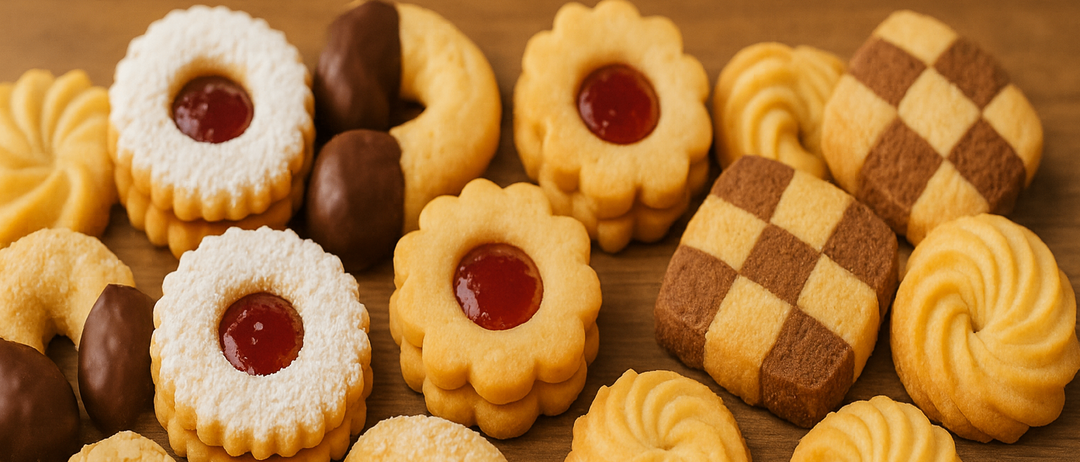 Auf einer hölzernen Oberfläche ist eine Vielfalt von Keksen zu sehen. Dazu gehören runde, blumenförmige und spiralförmige Kekse, jeweils mit einer Füllung aus roter Marmelade. Einige Kekse sind mit Puderzucker bestreut, während andere mit Schokoladenglasur überzogen sind.