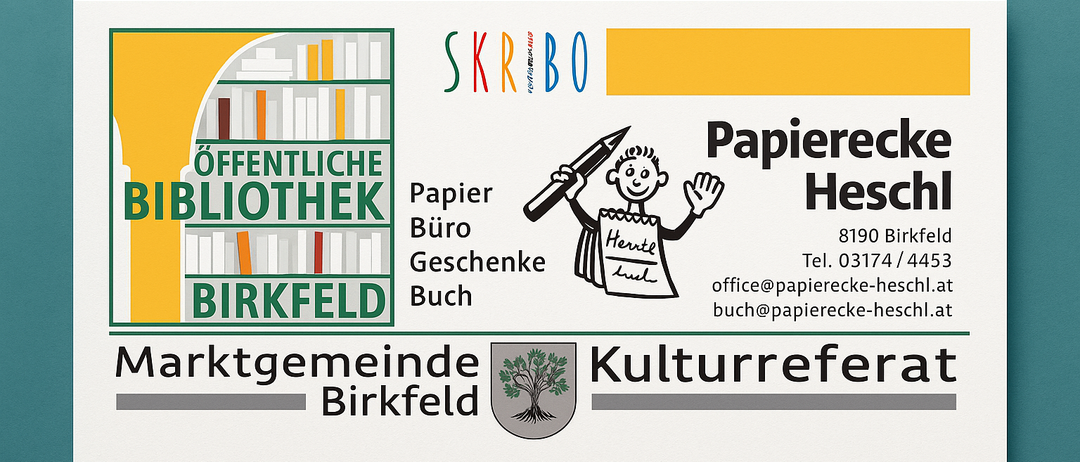 Das Bild zeigt eine Bibliothekskarte für die öffentliche Bibliothek in Birkfeld. Es enthält einen Cartoon einer Person, die einen Stift und Papier hält, ein Logo und Kontaktdaten.