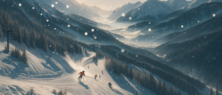 Several skiers descend a snowy mountain slope under a clear blue sky with falling snow and distant mountain peaks.
