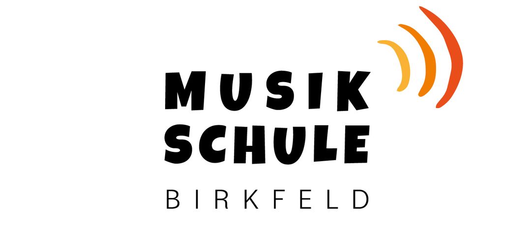 Logo für Musik Schule Birkfeld, mit dem Text 'Musik Schule Birkfeld' und roten und gelben Tonwellen-Ikonen auf der rechten Seite.