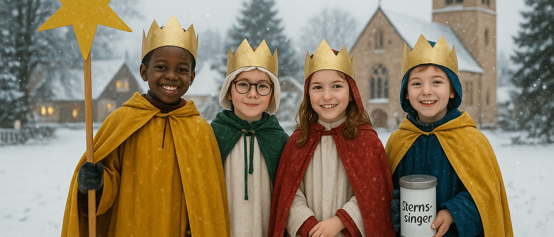 Vier Kinder in mittelalterlichen Kostümen mit goldenen Kronen stehen vor einer Kirche, eines hält eine Blechdose mit dem Wort 'Sterns-singer'.