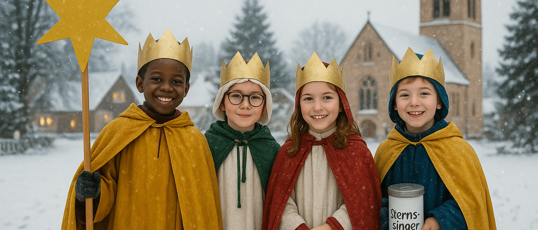 Vier Kinder in mittelalterlichen Kostümen posieren für ein Foto im Schnee vor einer Kirche im Hintergrund. Jedes Kind trägt eine goldene Krone und hält einen großen Stern und eine Blechdose mit der Aufschrift 'Sterns-singer'.