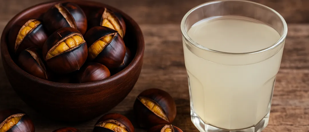 Eine Schüssel mit Kastanien und einigen geöffneten neben einem Glas Milch auf einem Holztisch.