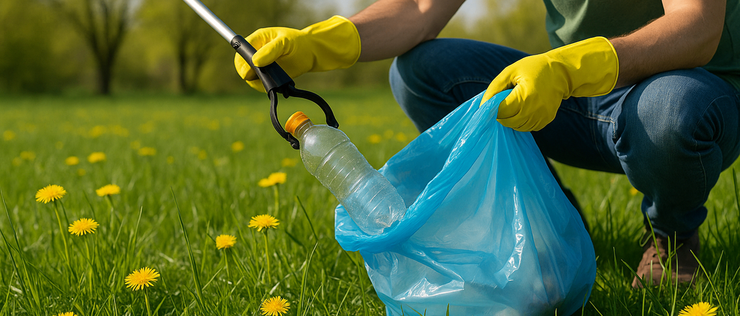 Eine Person mit gelben Handschuhen sammel mit einem langen Werkzeug Müll auf. Der Müll enthält eine Plastikflasche. Der Boden ist mit grünem Gras und gelben Blumen bedeckt.