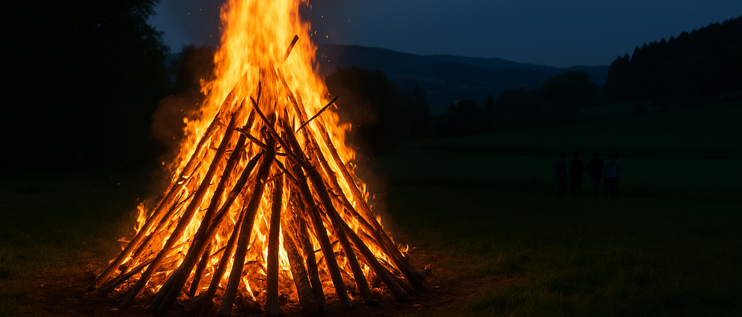 Ein großes Lagerfeuer brennt nachts hell und wirft ein warmes Licht auf die Umgebung. Das Feuer besteht aus einem Holzhaufen und sendet Funken in die Luft.