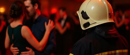 Ein Feuerwehrmann in einem gelben und schwarzen Uniform steht in einem schwach beleuchteten Raum mit roter Beleuchtung. Im Hintergrund tanzt ein Paar.