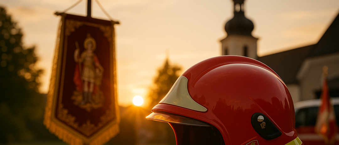 Ein roter Feuerwehrhelm mit gelbem Streifen steht auf einem Tisch, mit einer Kirche im Hintergrund. Die Sonne geht hinter der Kirche unter.