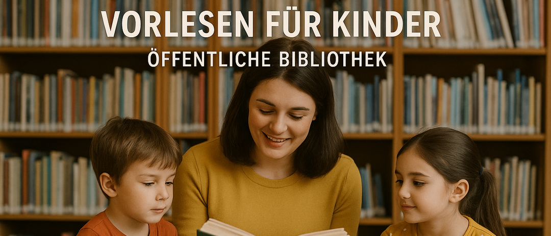 Eine lächelnde Frau liest zwei Kindern in einer Bibliothek ein Buch vor, mit Regalen voller Bücher hinter ihnen. Die Frau trägt einen gelben Pullover.