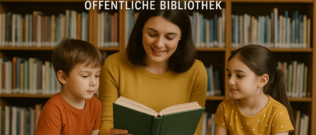 Eine Frau liest zwei Kindern ein Buch in einer Bibliothek vor, mit einem Bücherregal dahinter und dem Text 'Vorlesen für Kinder' darüber.