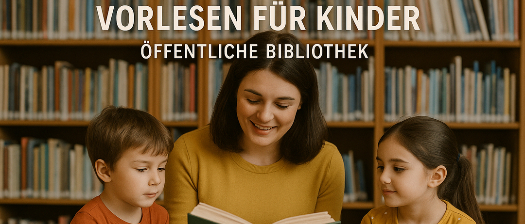 Eine Frau liest zwei Kindern in einer Bibliothek ein Buch vor. Die Frau und die Kinder lächeln und schauen in die Kamera. Der Text über ihnen lautet Vorlesen für Kinder Öffentliche Bibliothek.