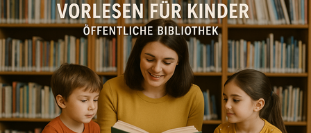 Eine Frau liest zwei Kindern ein Buch vor, eines von ihnen schaut in das Buch, in einer Bibliothek.