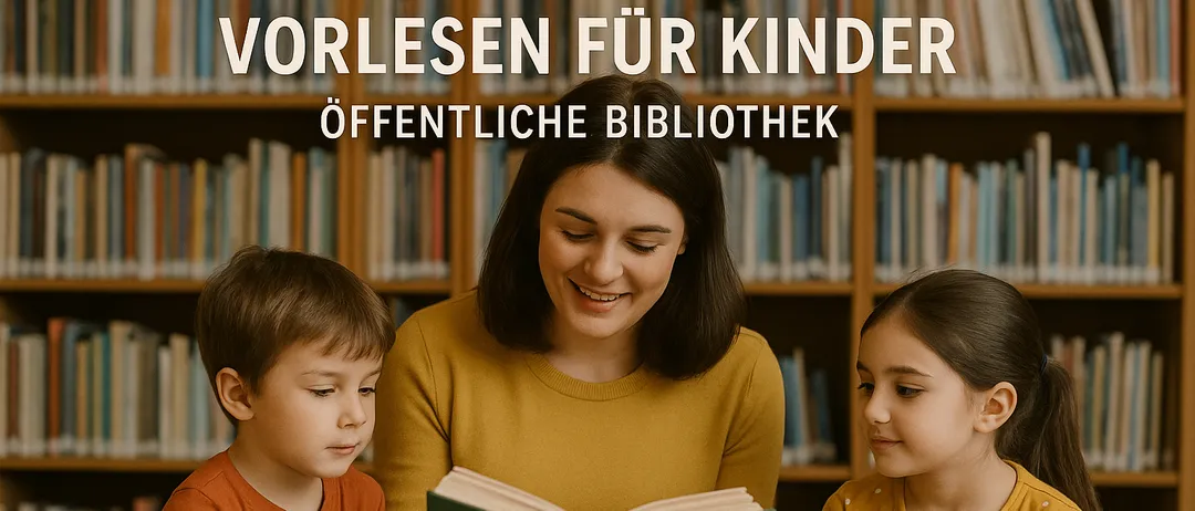 Eine Frau liest zwei Kindern in einer Bibliothek vor. Die Frau sitzt mit den Kindern, einem Jungen und einem Mädchen, auf dem Boden. Die Worte 'Vorlesen für Kinder Öffentliche Bibliothek' sind über ihnen geschrieben.
