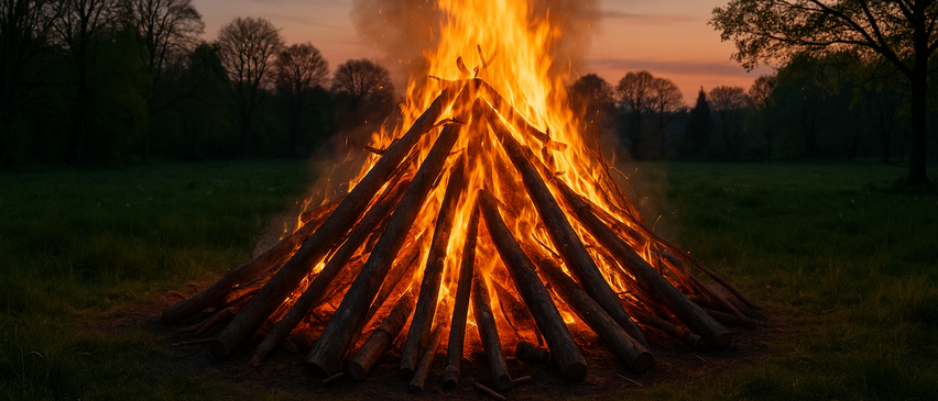 Ein großes Lagerfeuer brennt hell in einem grasigen Feld bei Dämmerung, mit aufsteigendem Rauch und einem ruhigen Himmel im Hintergrund.