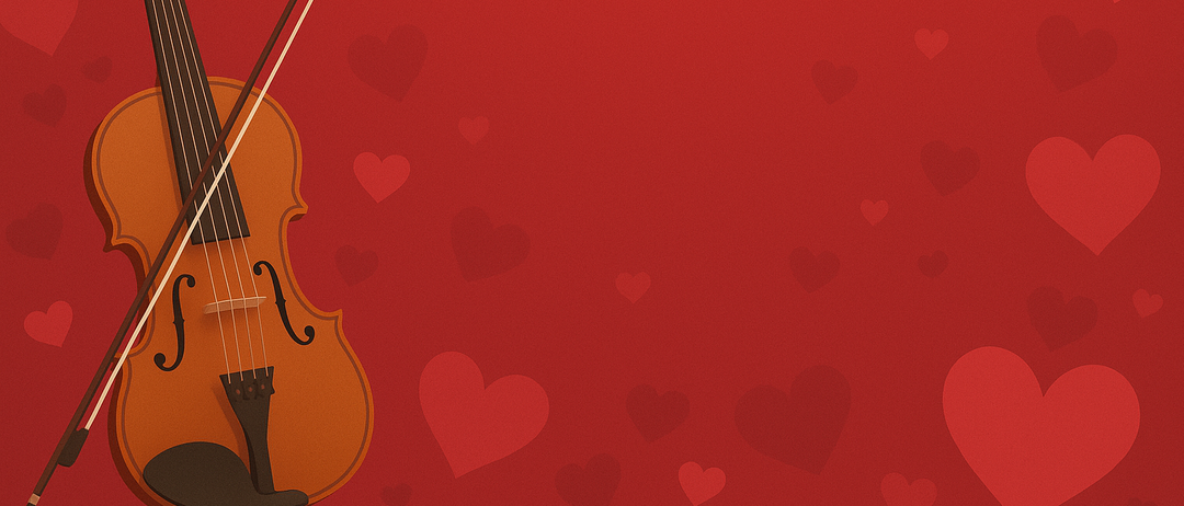 Eine braune Geige mit einem weißen Bogen lehnt sich an einen leuchtend roten Hintergrund, der mit Herzformen gespickt ist. Die Geige befindet sich auf der linken Seite des Bildes.
