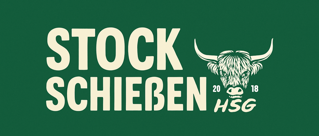 Grünes Plakat mit weißem Text 'STOCK SCHIEBEN' und 'HSG'. Darunter ist ein stilisiertes Bild eines Bullenkopfes mit den Zahlen '20' und '18' daneben.