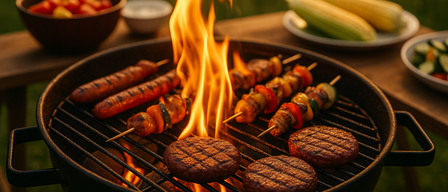 Ein Grill mit Hamburgern, Würstchen und Gemüsespießen, die über einer offenen Flamme garen.