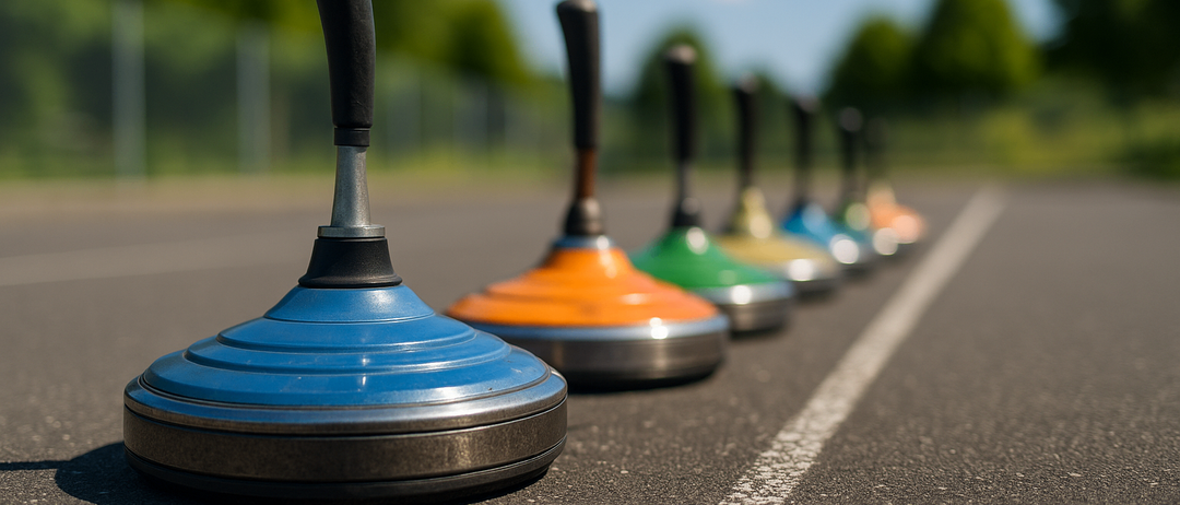 Eine Reihe von mehrfarbigen Curling-Steinen mit schwarzen Griffen auf einer grauen Oberfläche mit einer weißen Linie ausgerichtet.