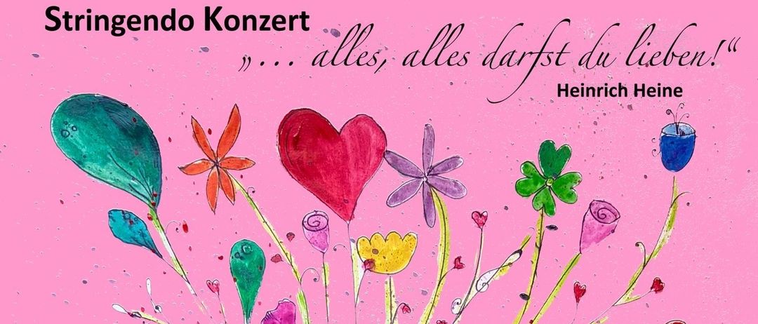 A vibrant illustration features a bouquet of colorful flowers and hearts in a vase, with a violin prominently displayed. The background is a gradient of pink, purple, and blue. The text reads: 'Leitung: URSULA BREGARA Moderation: Birgit Wieser Gesang: IRIS O'CONNOR & CHORiginal.'