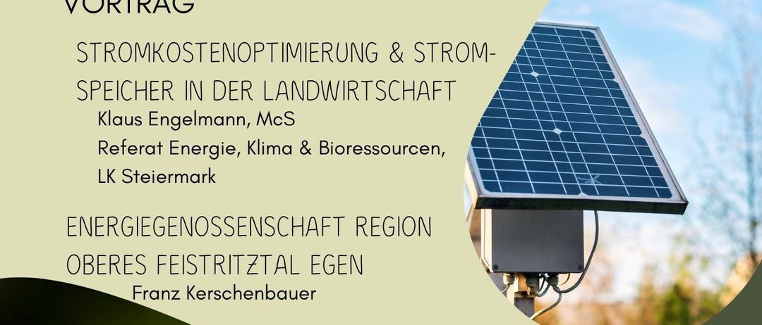 Einladung zur Veranstaltung am 10. März, 19 Uhr im Goldenen Saal, PRH Birkfeld. Thema: Stromkostenoptimierung & Stromspeicher in der Landwirtschaft. Präsentiert von Klaus Engelmann, Experte für Energie, Klima & Bioressourcen. Organisiert von Energiegenossenschaft Region Oberes Feistritztal Egen, Franz Kerschenbauer. Sei dabei!