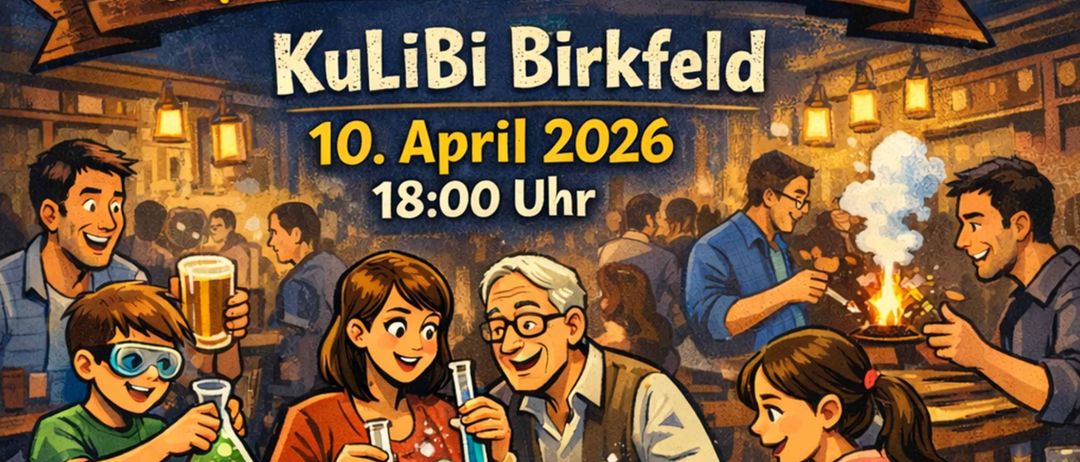 Plakat für eine Wissenschaftsexperiment-Veranstaltung im KuLiBi Birkfeld am 10. April 2026 um 18:00 Uhr. Es zeigt eine Gruppe von Menschen, darunter Erwachsene und Kinder, die in einer Laborumgebung verschiedene wissenschaftliche Experimente durchführen.