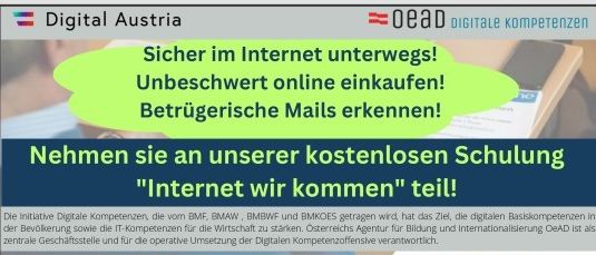 Plakat für Digital Austria-Veranstaltung mit kostenlosem Kurs 'Internet wir kommen'. Themen sind Risiken und Chancen des Internets, Datensicherheit, Unterstützung bei der Handysignatur, Phishing-Mails. QR-Code für Anmeldung. Veranstaltung am 13.04.2026 von 09:00 bis 12:00 bei KuLiBi Kaiserfeldgasse 3, 8190 Birkfeld. Kontakt: Gemeindeamt, Tel. 03174 4507.