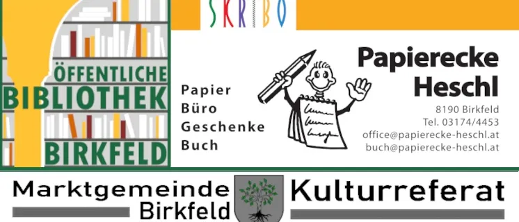 Eine Werbung für die Öffentliche Bibliothek Birkfeld mit einem Bücherregal und einer Comicfigur, die einen Stift hält. Kontaktdetails umfassen eine Telefonnummer und E-Mail-Adressen.