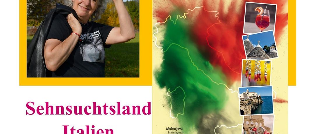 Ein Plakat für eine Buchpräsentation. Es zeigt eine ältere Frau in einem schwarzen Shirt und Sonnenbrille. Der Titel ist 'Italian Spritz' von Ingeborg Hofbauer. Das Plakat enthält eine Karte von Italien, Cocktailbilder und das Datum der Veranstaltung, 13. Mai 2026, um 19 Uhr.