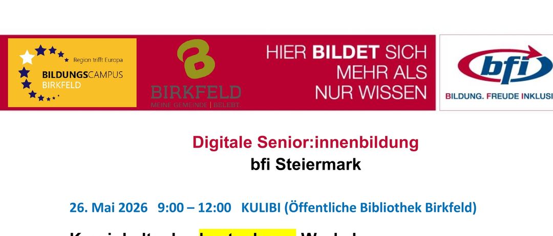 Ein digitales Workshop für Senioren mit dem Titel 'Innenbildung' ist für den 26. Mai 2026 von 9:00 bis 12:00 in der KULIBI (öffentliche Bibliothek Birkfeld) geplant. Der kostenlose Workshop behandelt Grundlagen der Gerätenutzung, Datenverwaltung, Kontakthandhabung und Einstellung von Erinnerungen. Es umfasst auch Online-Sicherheit und die Nutzung sozialer Medien. Die Anmeldung erfolgt unter office@birkfeld.com.