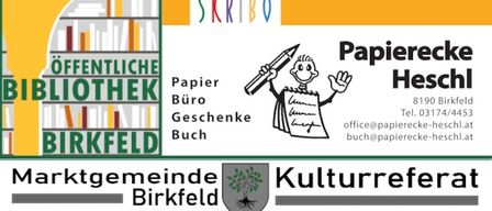 Plakat für Papierecke Heschl, eine öffentliche Bibliothek in Birkfeld, mit einem Cartoon, der ein Buch und einen Stift hält. Kontaktinformationen sind angegeben.