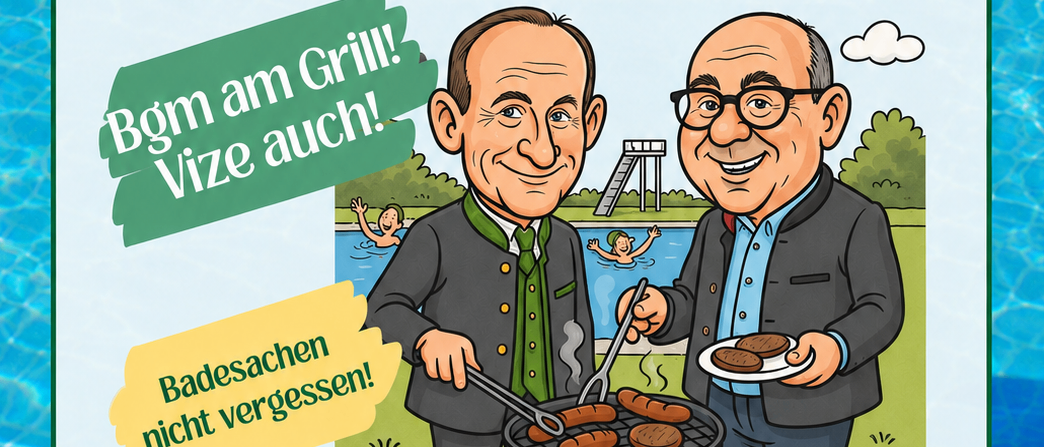 Ein Einladungsposter für die Plaudern & Abtauchen-Veranstaltung am Samstag, 25. Juli 2026, um 18:00 Uhr. Zwei Männer grillen am Pool.