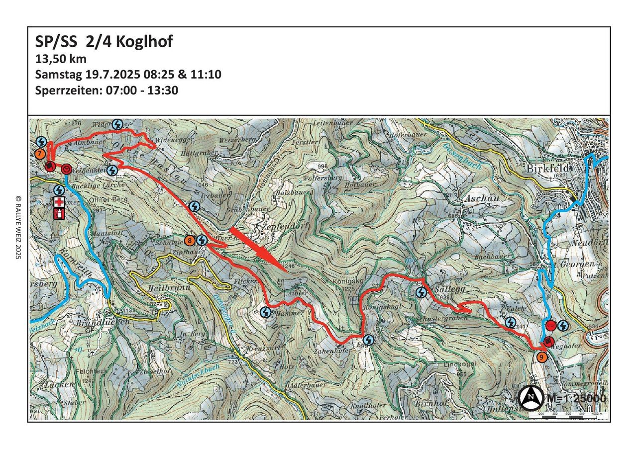 Eine Karte, die die Route des 4. Koglhofs zeigt, datiert auf den 9.7.2025, mit Zeiten 08:25 und 11:10, und Betriebszeiten von 07:00 bis 13:30. Die Karte zeigt eine rote Route mit verschiedenen markierten Punkten.
