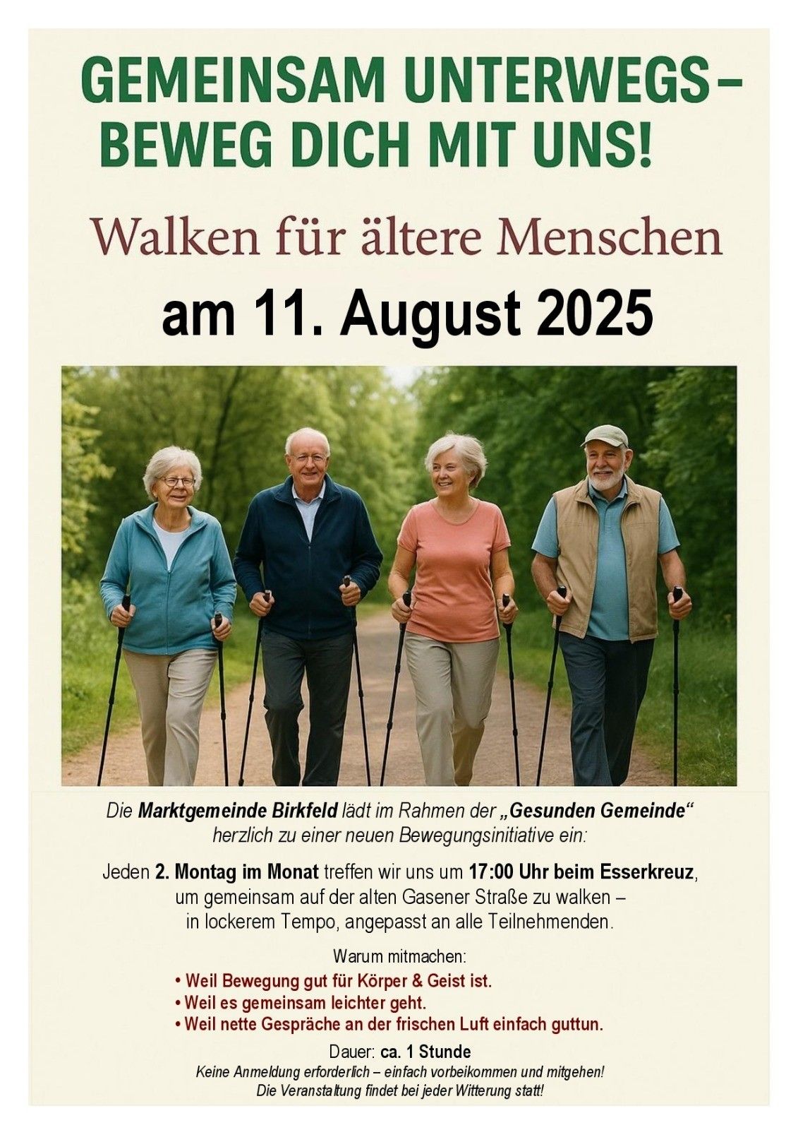 Ein Poster zeigt vier ältere Menschen, die mit Stöcken gehen. Der Text lautet: Wandern für ältere Menschen am 11. August 2025. Sie gehen auf einem Pfad, umgeben von Bäumen.