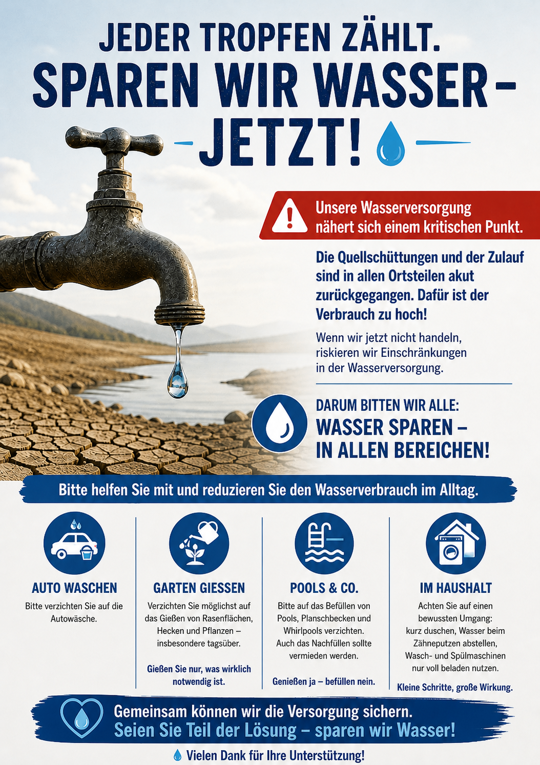 Eine Anzeige für Wassereinsparung zeigt einen Wasserhahn mit einem Tropfen. Sie betont den kritischen Zustand der Wasserversorgung. Es fordert Einsparungen in allen Bereichen, einschließlich Autowäsche, Gartenbewässerung, Pools und Hausgebrauch.