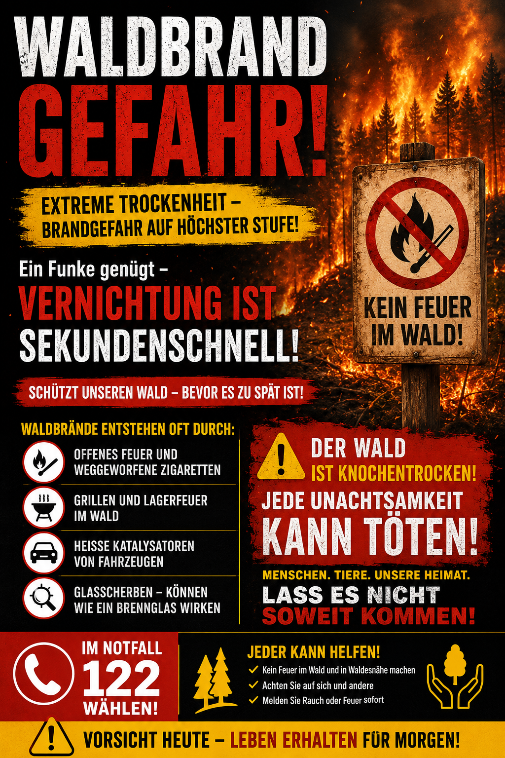 Ein Warnschild zeigt 'EXTREME TROCKENHEIT - BRANDGEFAHR AUF HÖCHSTER STUFE!' Es zeigt ein Schild, das Feuer im Wald verbietet. Daneben steht eine Brandgefahrenwarnung.