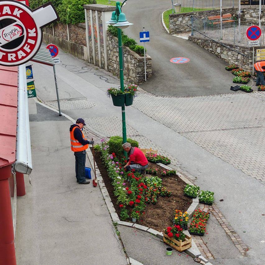 Zwei Personen in Warnwesten pflanzen Blumen in einem Gartenbereich. Der Bürgersteig hat ein Schild mit der Aufschrift 'Ak Trafik'. Ein Mann steht neben einem grünen Laternenpfosten.