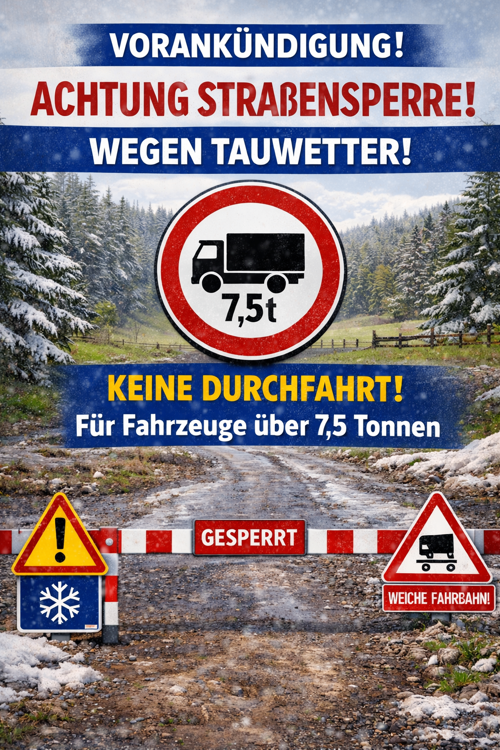 A signboard shows a truck symbol with 7.5t. Below it, the text says 'No Through Traffic' for vehicles over 7.5 tons. The road is snowy with a barrier and warning signs.