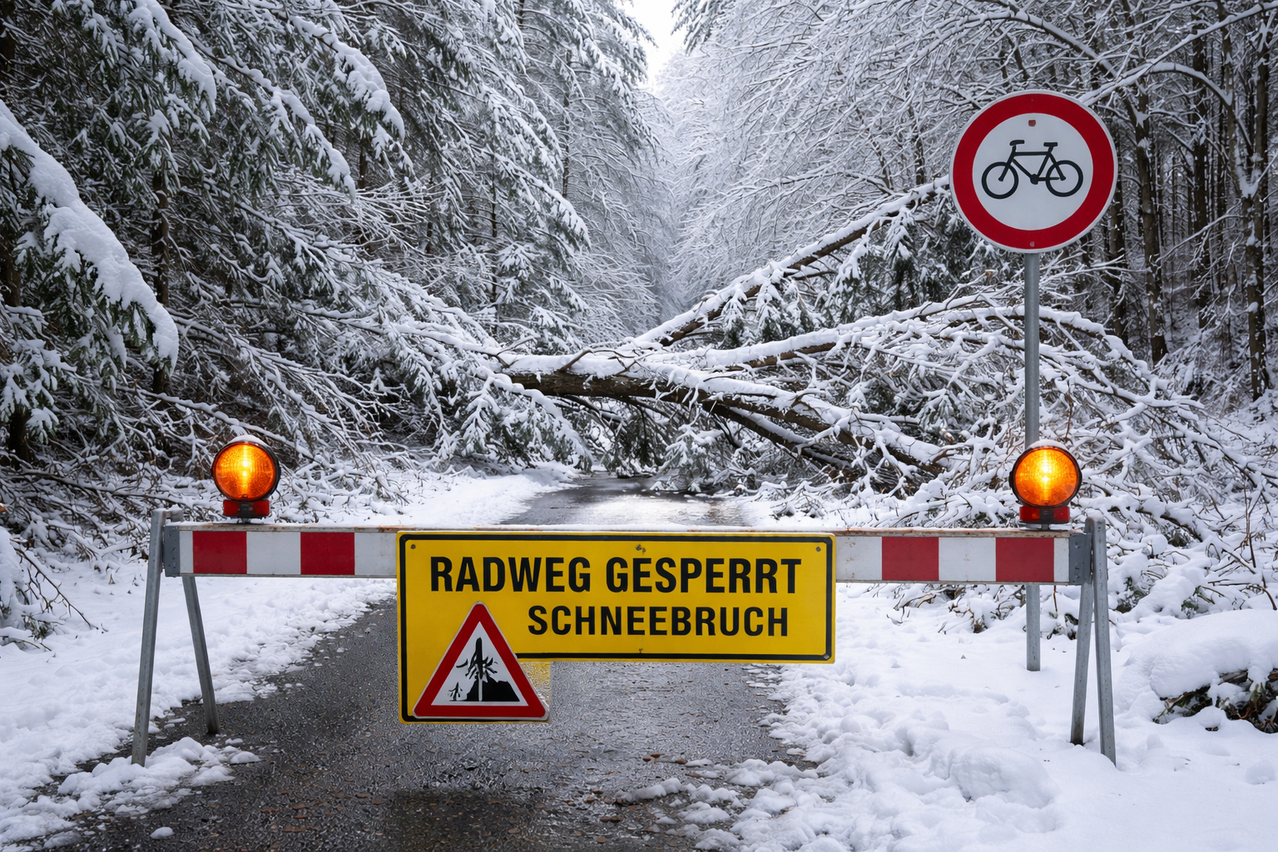 Ein gesperrtes Straßenschild in einem verschneiten Wald mit umgestürzten Bäumen, Fahrradverbotsschild und blinkenden Lichtern.