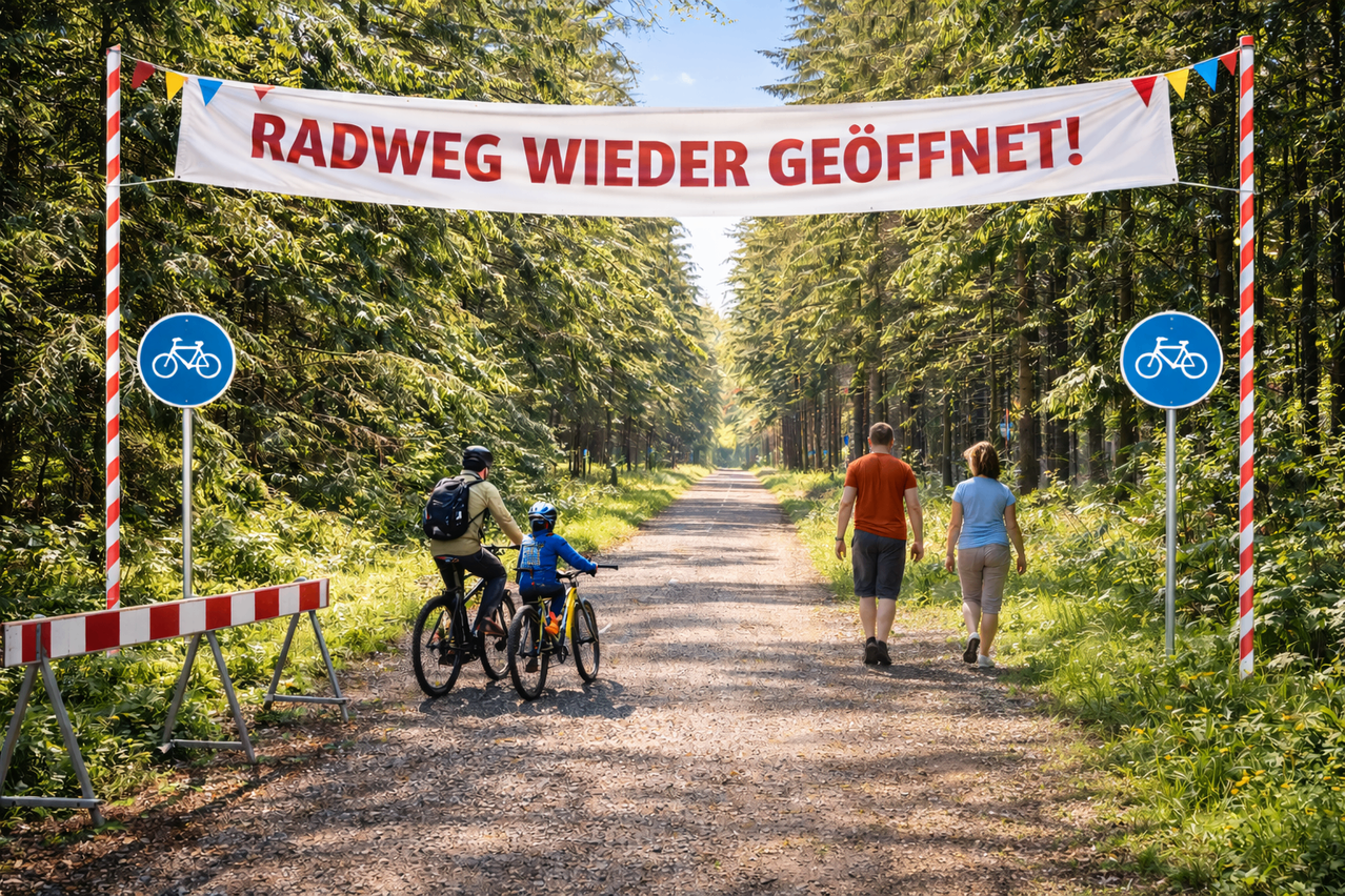 A family rides bikes on a reopened road with a banner reading 'Bike Path Reopened!'. They are on a gravel path surrounded by tall trees.