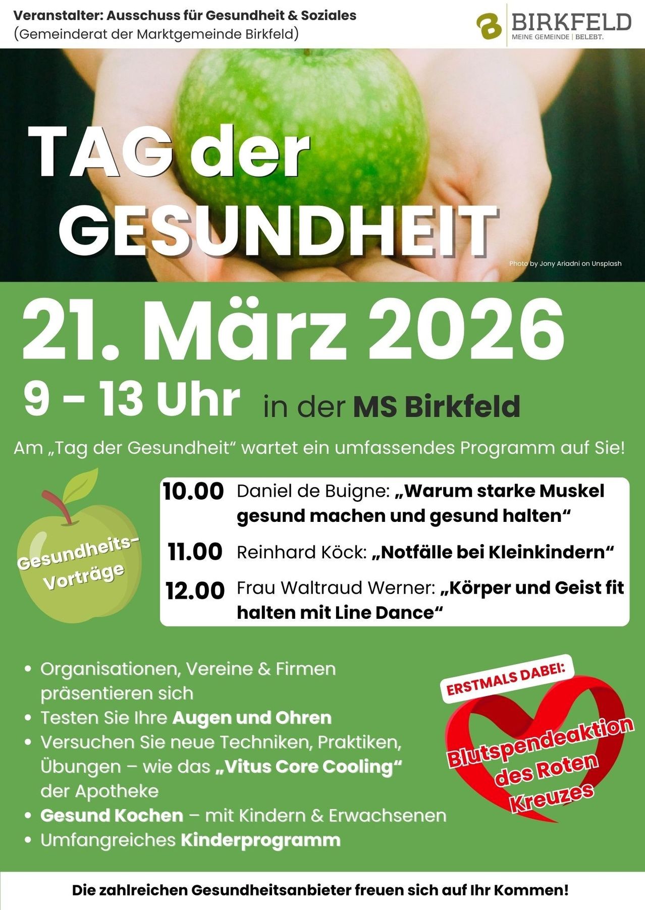 Plakat für den 'Tag der Gesundheit' am 21. März 2026, von 9 bis 13 Uhr in der MS Birkfeld. Redner sind Daniel de Buigne, Reinhard Kock und Frau Waltraud Werner. Aktivitäten umfassen Gesundheitschecks, neue Techniken ausprobieren und Übungen.
