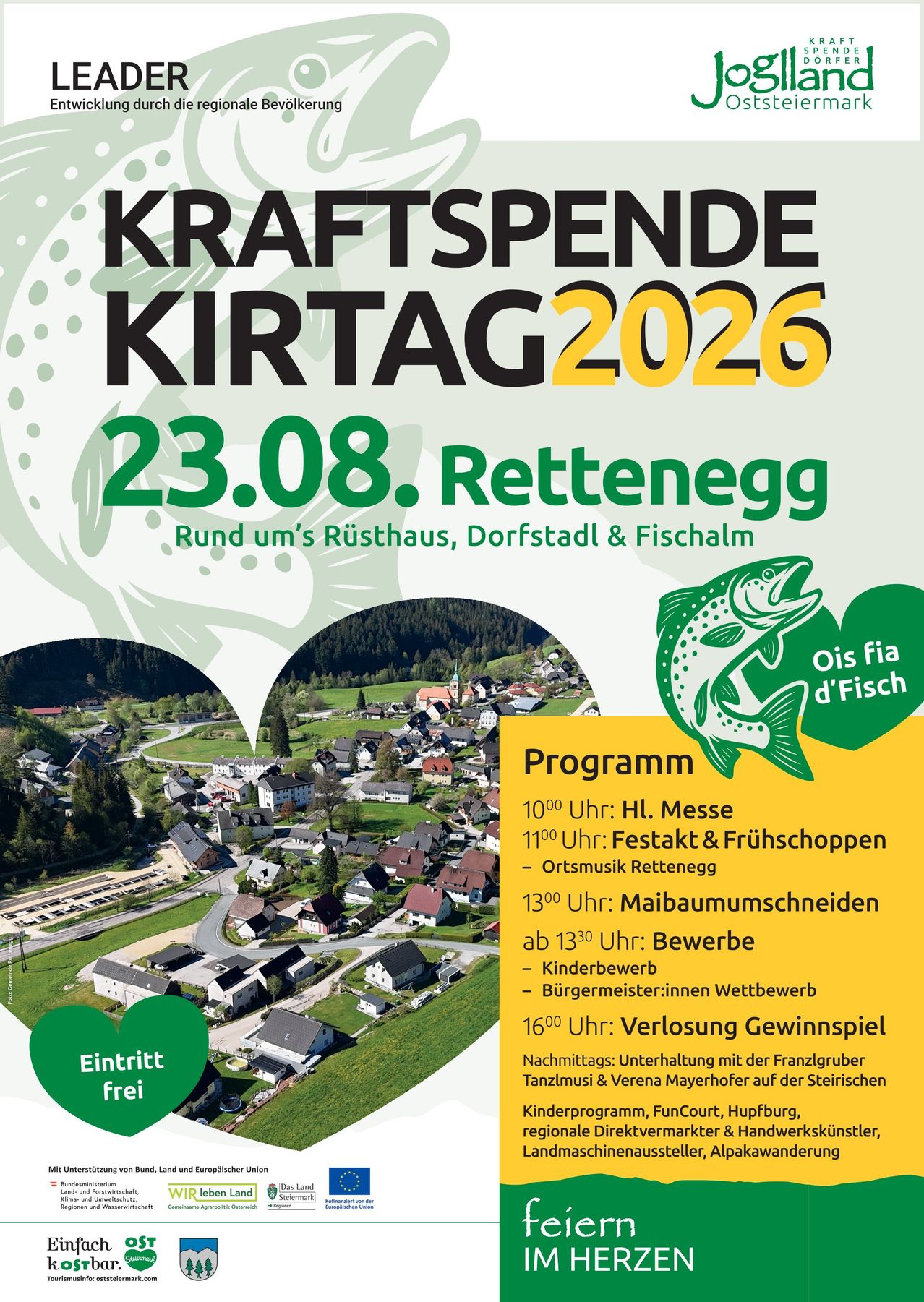 Poster for the Kraftspende Kirtag 2026 event on August 23 in Rettenegge, featuring a village scene, a fish, and a schedule of activities including a mass, music, tree cutting, and a loss-winning game.