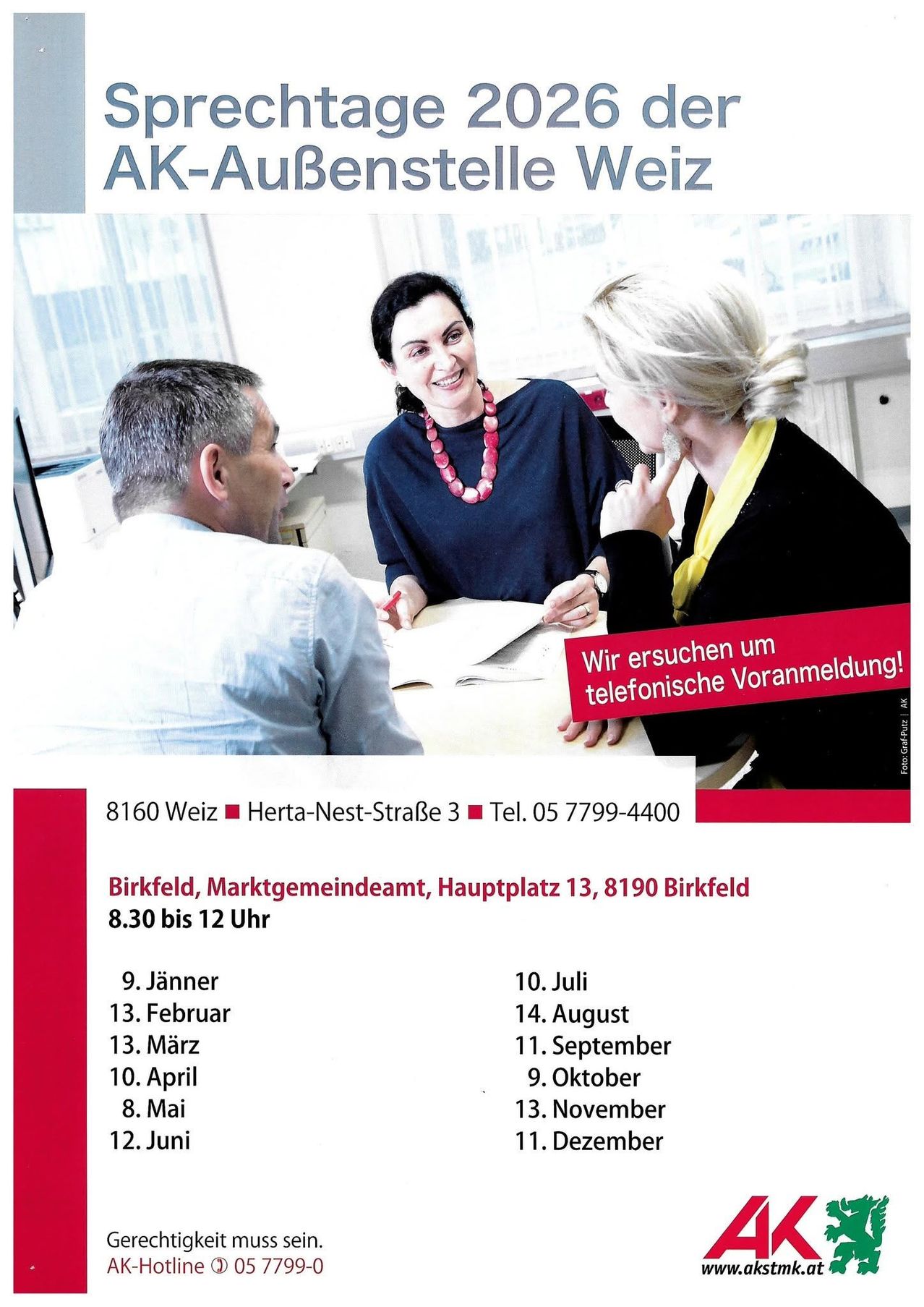Three people are seated at a table, two women and one man. The woman on the left is smiling and appears to be engaged in conversation with the man. The woman on the right is looking at the man and seems to be listening. There is a red sign with white text that reads 'Wir ersuchen um telefonische Voranmeldung!'. Below the image, there is a list of dates and times.