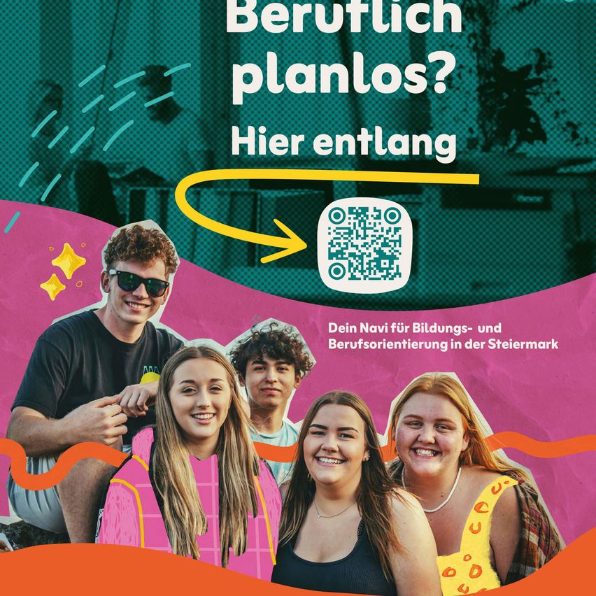 Ein Poster mit einer Gruppe junger Leute, einem QR-Code und dem Text 'Beruflich planlos? Hier entlang', was auf Englisch 'Karriere-technisch ratlos? Hier entlang!' bedeutet.