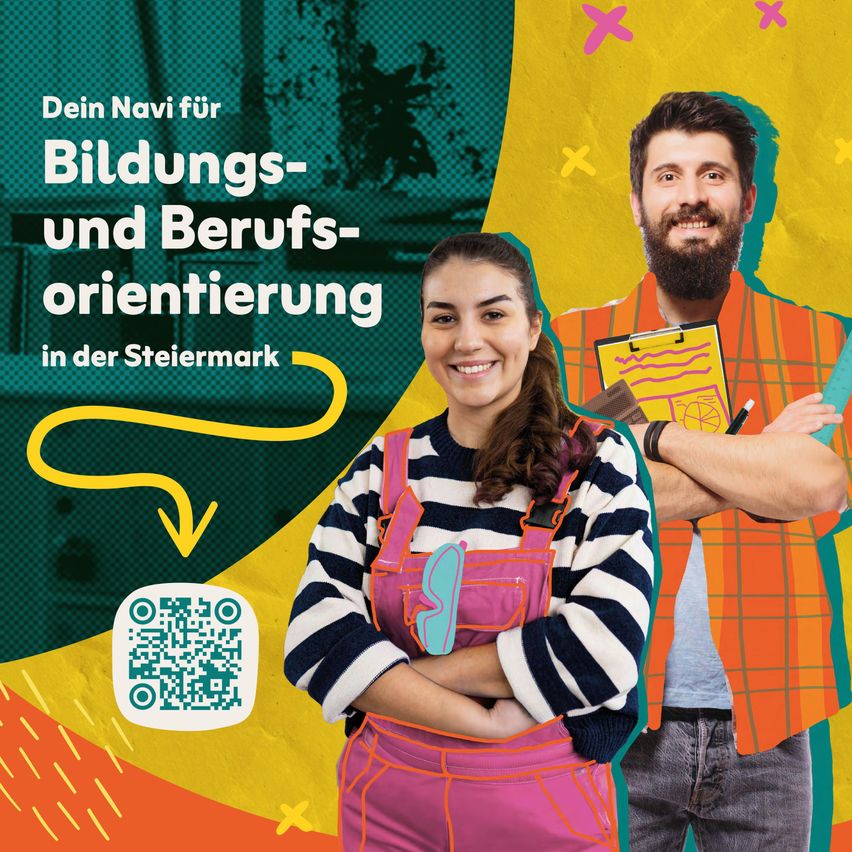 Eine Werbung für Bildungs- und Berufsorientierung in der Steiermark mit einer lächelnden Frau und einem Mann mit einem Klemmbrett. Der Hintergrund ist bunt mit einem QR-Code.