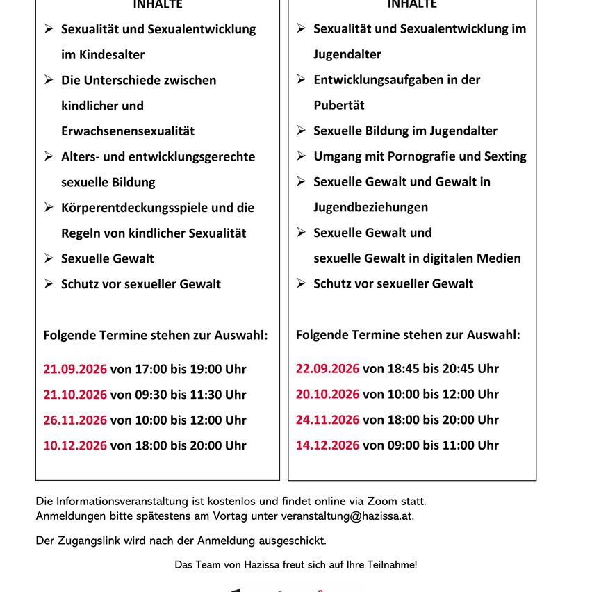 Ein Dokument mit einer Tabelle, die verschiedene Themen zur Sexualität und sexuellen Entwicklung bei Kindern und Jugendlichen auflistet, einschließlich der Unterschiede zwischen Kindheit und Erwachsenensexualität, sexueller Bildung und Schutz vor sexueller Gewalt. Es enthält auch Daten und Zeiten für bevorstehende Veranstaltungen.
